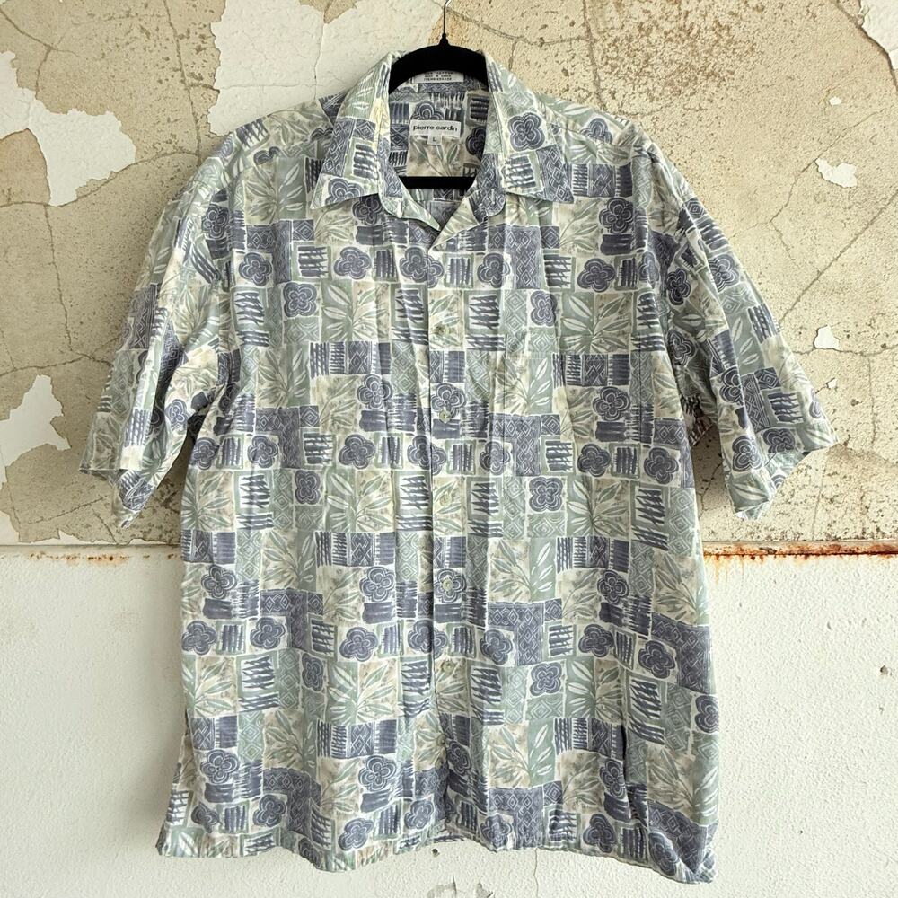 Vintage Pierre Cardin Tropical Print Shirt Floral Pattern Blue Green Cotton